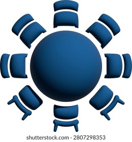 A top-down 3D render of a round blue conference table surrounded by eight matching chairs arranged in a circular formation.