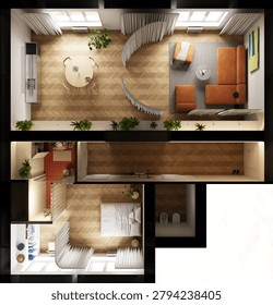 A top-down architectural 3D render of a modern apartment floor plan. The layout features a spacious open-concept living and dining area with an orange sectional sofa, a grey rug, a round dining table, and a kitchen counter. A curved curtain acts as a room divider. The apartment includes a bedroom with a double bed and walk-in closet, a long hallway with a bicycle, and a bathroom with red floor tiles and a glass block wall. The entire space is unified by light wood herringbone flooring. Natural light enters through multiple windows, casting realistic shadows across the furnished rooms.