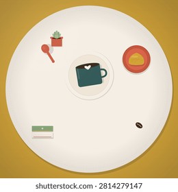 Top-down flat illustration of a circular white table on a warm mustard background featuring a teal coffee mug with heart latte art, a small potted succulent with a red spoon, a golden pastry on a coral plate, a coffee bean, and a stack of books.