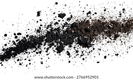 A top-down shot of scattered soil, featuring dark earth against a clean white background, ideal for agricultural or environmental themes.