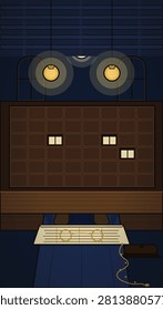 A top-down view of a dimly lit room featuring a person standing on a wooden floor holding a glowing rectangular board with golden rings, facing a large brown grid wall with scattered square tiles and overhead lamps casting circular pools of light.