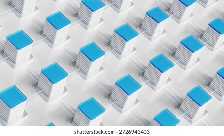 Top-down view of interconnected server units forming a precise grid pattern. 3D Illustration