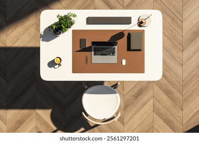 Top-down view of a modern workspace featuring a white desk with a laptop, chair, coffee cup, and plant on a wooden floor. Concept of work. 3D Rendering.