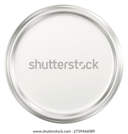 Top-down view of a silver metallic paint can lid filled with thick white paint isolated on a clean white background