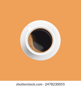 A top-down view of a white cup filled with black coffee with froth on an orange background. - Powered by Shutterstock