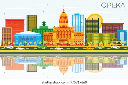 Topeka Kansas USA Skyline with Color Buildings, Blue Sky and Reflections. Business Travel and Tourism Concept with Modern Architecture.