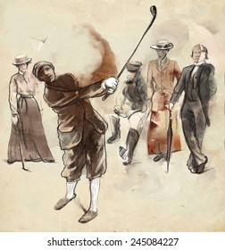 Topic: GOLF (Vintage Golfer). An Hand Drawn And Painted Full Sized Illustration (Original).