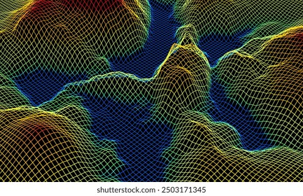 Topographic grid wireframe. Gradient mountain and lake grid neon.