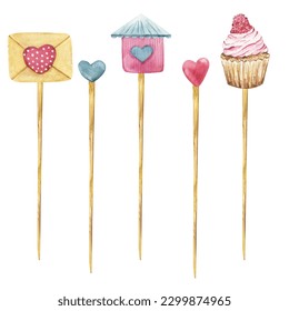 toppers for different purposes (parties, holidays, cakes, events) with a cupcake, house, hearts, envelope. watercolor illustration - Powered by Shutterstock