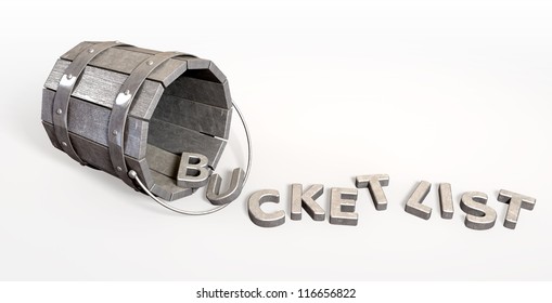 A Toppled Over Metal Vintage Bucket Charm With Letter Trinkets Spilling Out Spelling The Word Bucket List On An Isolated Background