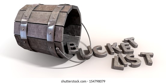 A Toppled Over Metal Vintage Bucket Charm With Letter Trinkets Spilling Out Spelling The Word Bucket List On An Isolated Background