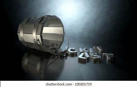 A Toppled Over Metal Vintage Bucket Charm With Letter Trinkets Spilling Out Spelling The Word Bucket List On An Isolated Dark Backlit Background