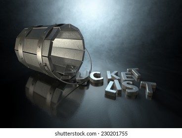 A Toppled Over Metal Vintage Bucket Charm With Letter Trinkets Spilling Out Spelling The Word Bucket List On An Isolated Dark Backlit Background