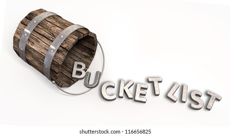 A Toppled Over Vintage Bucket With Letter Trinkets Spilling Out Spelling The Word Bucket List On An Isolated Background