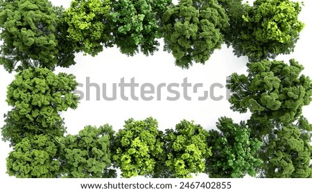 Topview lush forested trees landscape frame border isolated white backgrounds 3d render