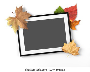 topview mockup black and white photo frame with maple leaves in white background. concept scene stage showcase, autumn, product, promotion sale, banner, poster, copy space, presentation. 3D rendering