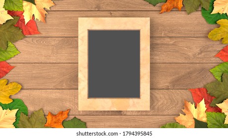 topview mockup marble photo frame with maple leaves in wood background. concept scene stage showcase, autumn, product, promotion sale, banner, poster, copy space, presentation. 3D rendering