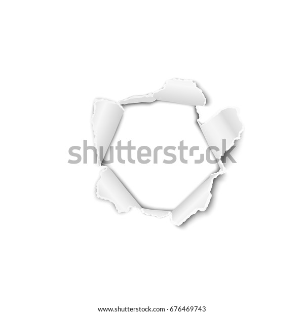 Torn paper with curled\
edges and hole in the center, soft shadow and space for text.\
Damaged sheet with white background for ad and other aims. Template\
paper design.