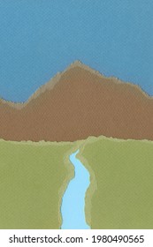 Torn Paper Landscape Collage. River Running Through Meadow And Distant Mountain Under Blue Sky.