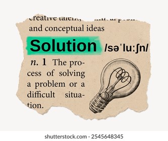 Torn paper with 'Solution' highlighted, showing a definition with a vintage light bulb illustration. Torn vintage ephemera brown paper element with highlighted 'Solution' word and definition.