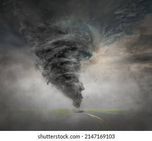 Tornado On An Empty Road, 3d Render