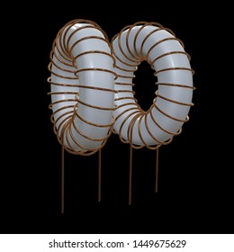 Toroidal Coil Inductor 3d render illustration. Copper wire winding. Magnetic ferrite core.
