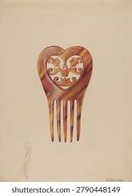 Tortoise Shell Comb (1936) by Erwin Schwabe. Gouache art illustration, vintage painting.