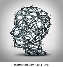 Tortured thinking and depression concept as a group of tangled barbwire or barbed wire fence shaped as a human head as a metaphor for psychological or psychiatric suffering or oppression.