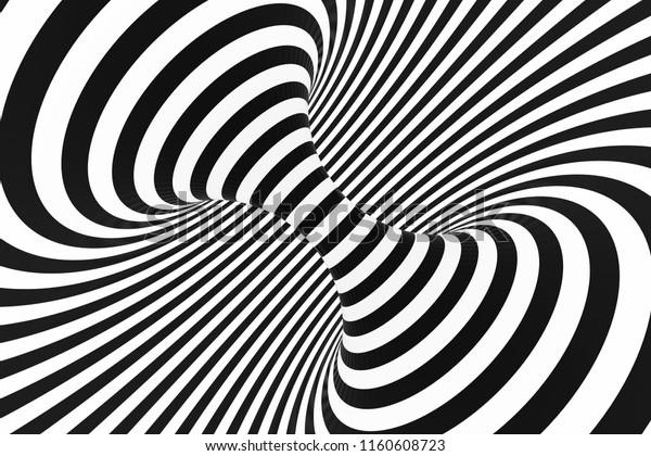 Torus optical 3D illusion raster illustration. Black and white tunnel inside view image. Monochrome hypnotic spiral. Twisting loops pattern. Psychedelic abstract background. Endless visual effect