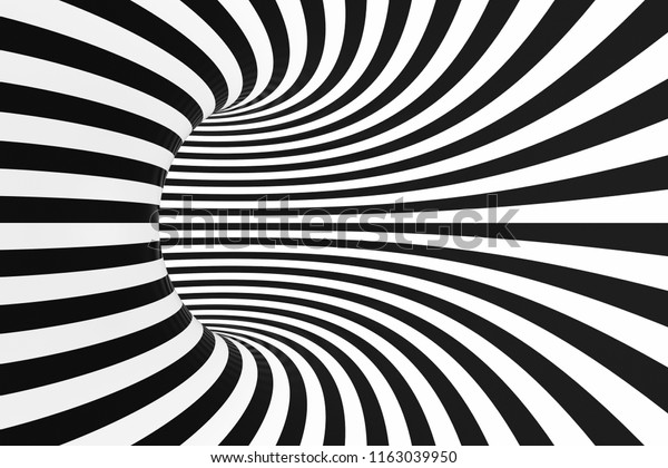 Torus optical 3D illusion raster illustration. Black and white tunnel inside view image. Monochrome hypnotic spiral. Twisting loops pattern. Psychedelic abstract background. Endless visual effect