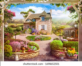 Toscana Landscape With Traditional House And Garden.