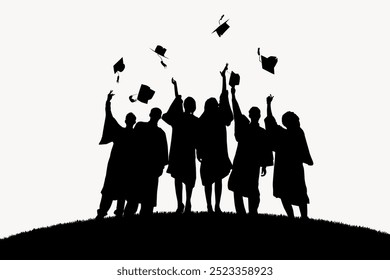 Tossing graduation cap silhouette isolated image on white background, group of silhouette graduated people with graduation hat toss on white background. Graduation silhouette, students graduating. - Powered by Shutterstock