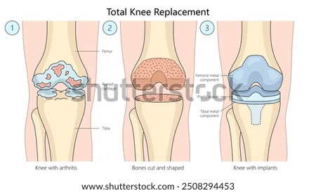 total knee replacement surgery, progression from arthritis-damaged knee to bone shaping and implant placement diagram hand drawn schematic raster illustration. Medical science educational illustration
