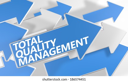 Total Quality Management 3d render concept with blue and white arrows flying over a white background.
