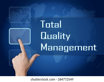 Total Quality Management concept with interface and world map on blue background