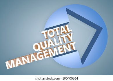 Total Quality Management - text 3d render illustration concept with a arrow in a circle on blue-grey background