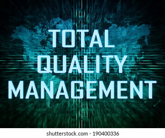 Total Quality Management text concept on green digital world map background 