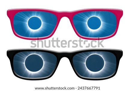 A total solar eclipse is reflected in  eyeglasses  in a 3-d illustration. Eclipse 2024 will require viewers to use eclipse glasses to protect their eyes.