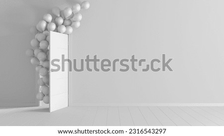Total white project draft, balloons floating through open door in home interior with parquet. Template with copy space. Surprise holiday concept, 3d illustration