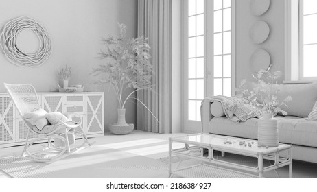 Total White Project Draft, Country Bohemian Wooden Living Room. Sofa, Rattan Chest Of Drawers, Jute Carpet And Decors. Boho Chic Interior Design, 3d Illustration