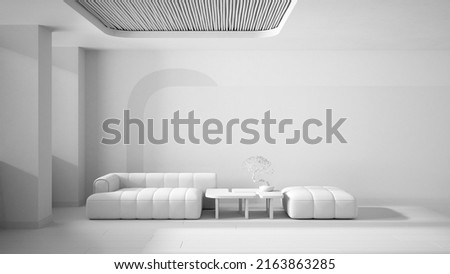 Total white project draft, elegant living room, modern sofa and pouf, table with bonsai, concrete walls with decors. Parquet and cane ceiling. Copy space. Contemporary interior design, 3d illustration