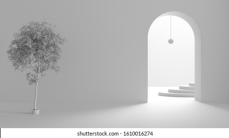 Total White Project Draft, Imaginary Fictional Architecture, Interior Design Of Hall, Empty Space With Arched Door, Copper Lamp, Archways, Oval Staircase In The Background, Birch Tree, 3d Illustration