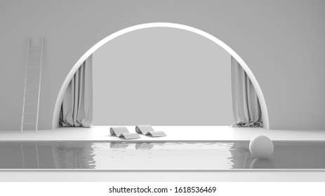 Total White Project Draft, Imaginary Fictional Architecture, Interior Design Of Empty Space With Arched Window With Curtain, Concrete Walls, Swimming Pool With Chaise Longue, Panorama, 3d Illustration