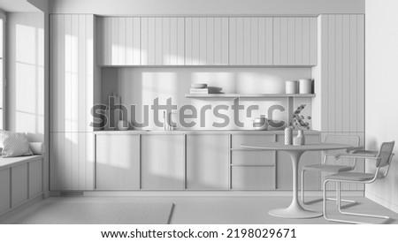 Total white project draft, japandi trendy wooden kitchen and dining room. Wooden cabinets, contemporary wallpaper and big window. Minimalist interior design, 3d illustration