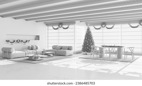 Total white project draft, minimal modern living and dining room with parquet and beams ceiling, Christmas tree and decors, winter, new year scandinavian interior design, 3d illustration