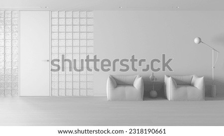 Total white project draft, minimal waiting sitting room with parquet. Glass brick walls, soft armchairs, floor lamp and decors. Modern interior design idea, 3d illustration