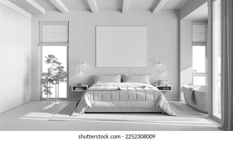 Total white project draft, modern wooden bedroom with bathtub. Double bed, freestanding bathtub and parquet floor. Japandi interior design, 3d illustration
