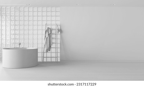 Total white project draft, modern bright bathroom with round bathtub. Glass brick walls, ladder towel hanger and parquet. Minimal interior design idea with copy space, 3d illustration