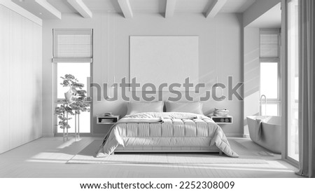 Total white project draft, modern wooden bedroom with bathtub. Double bed, freestanding bathtub and parquet floor. Japandi interior design, 3d illustration
