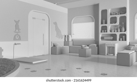 Total white project draft, veterinary clinic waiting room. Sitting area with benches, bookshelf, water cooler and weight scale. Play garden with grass for pets, interior design idea, 3d illustration - Powered by Shutterstock